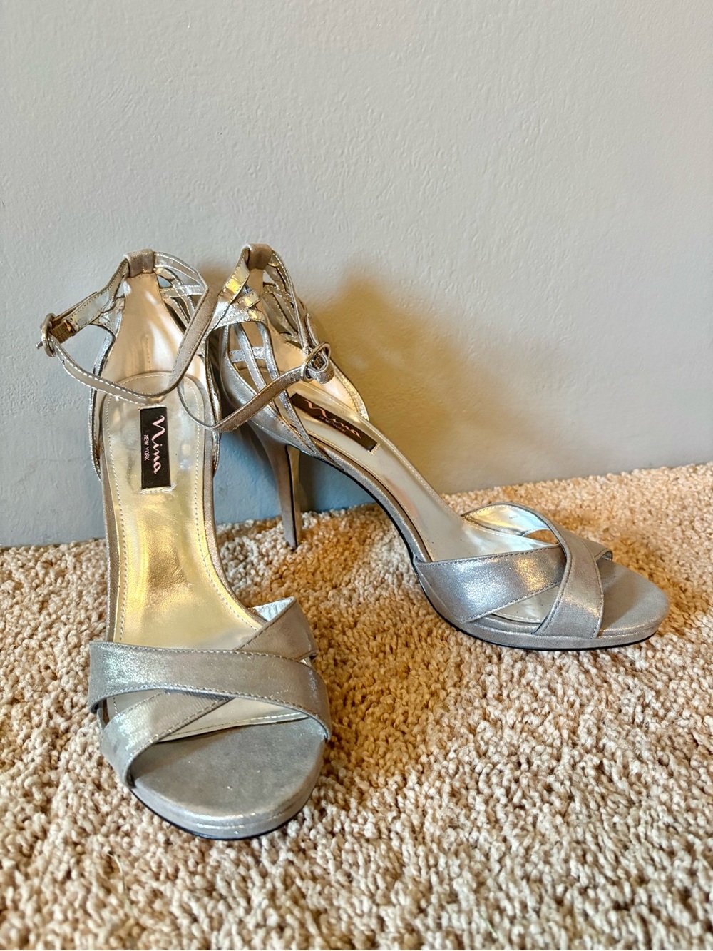 Nina Metallic Silver Strappy Ankle-Heel Sandals